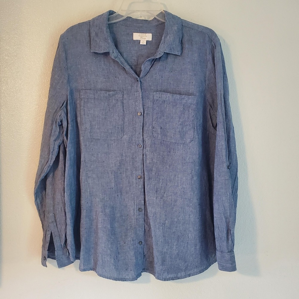 Charter Club Linen Shirt Womens XL Blue‎ Long Sleeve Button Front Luxury Pockets